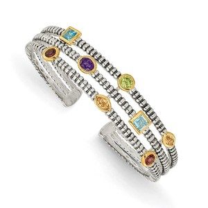 925 SS w/ 14K Ant Bezel Amethyst Blue Topaz Citrine Garnet Peridot Cuff Bracelet